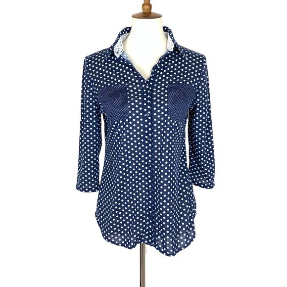 Eden & Olivia Blue White Polka Dot Blouse Small - Picture 1 of 8